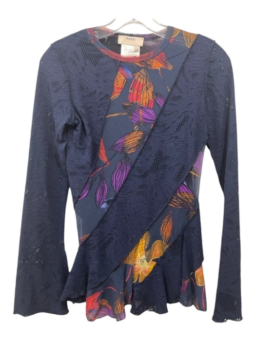 Fuzzi Size XS Blue, Orange, Red Nylon Blend Long Sleeve Floral Mesh Top Blue, Orange, Red / XS