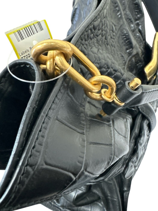 Balmain Black & Gold Leather Shoulder Bag Croc Embossed Oversized Buckle Bag Black & Gold / Medium