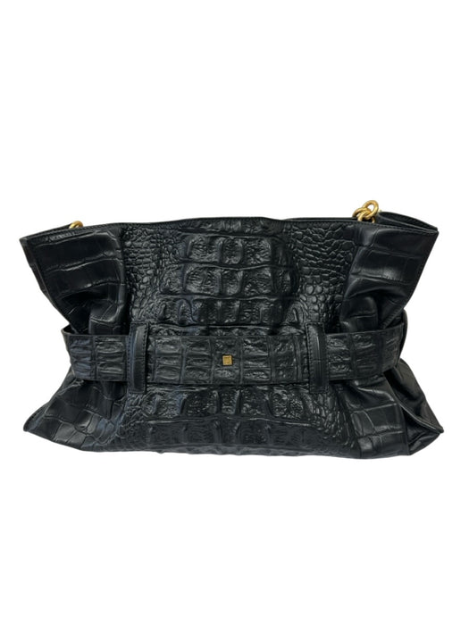 Balmain Black & Gold Leather Shoulder Bag Croc Embossed Oversized Buckle Bag Black & Gold / Medium