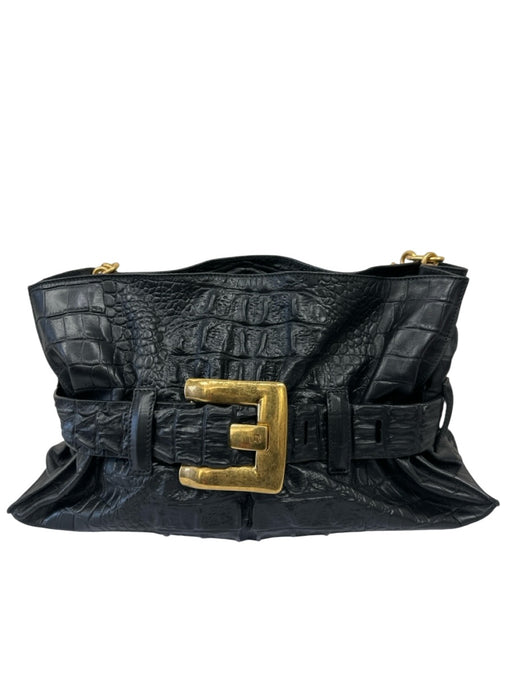 Balmain Black & Gold Leather Shoulder Bag Croc Embossed Oversized Buckle Bag Black & Gold / Medium