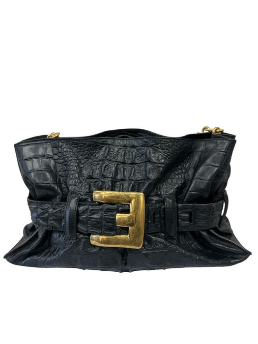 Balmain Black & Gold Leather Shoulder Bag Croc Embossed Oversized Buckle Bag Black & Gold / Medium