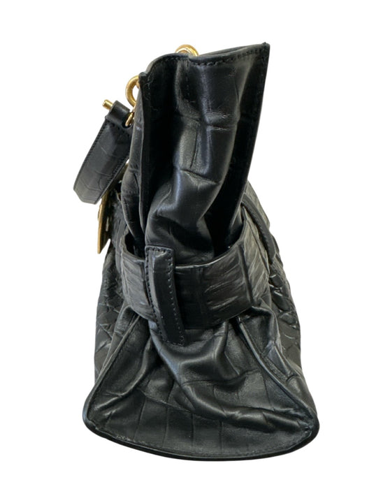 Balmain Black & Gold Leather Shoulder Bag Croc Embossed Oversized Buckle Bag Black & Gold / Medium