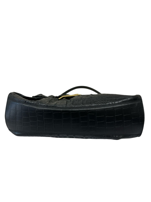 Balmain Black & Gold Leather Shoulder Bag Croc Embossed Oversized Buckle Bag Black & Gold / Medium