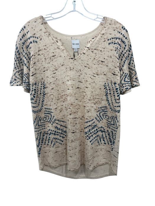 Nic + Zoe Size XS Beige & Blue Linen Blend Short Sleeve Abstract Print Knit Top Beige & Blue / XS