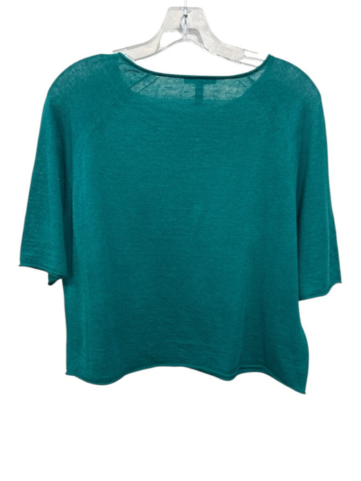 Eileen Fisher Size XXS Teal Green Linen & Cotton Half Sleeve Knit rolled hem Top Teal Green / XXS