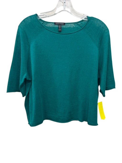 Eileen Fisher Size XXS Teal Green Linen & Cotton Half Sleeve Knit rolled hem Top Teal Green / XXS