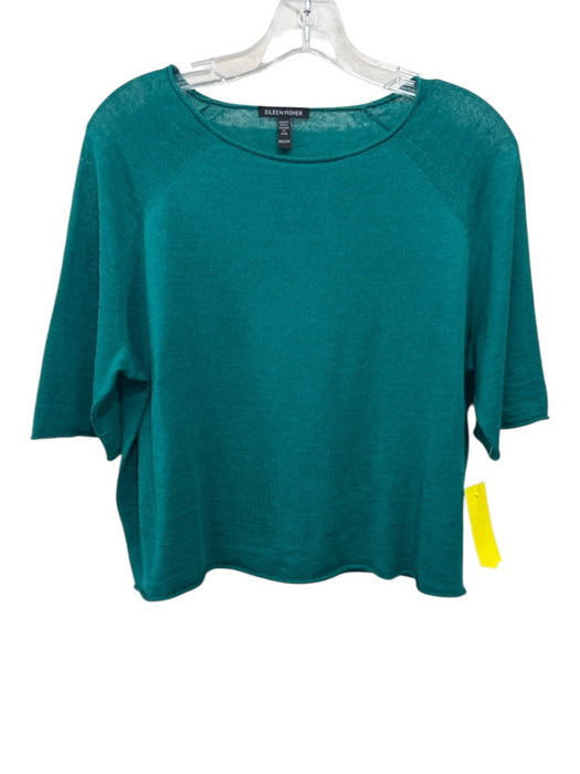 Eileen Fisher Size XXS Teal Green Linen & Cotton Half Sleeve Knit rolled hem Top Teal Green / XXS