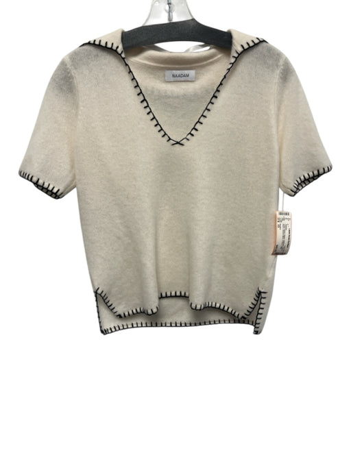 Naadam Size XS Cream White & Black Cashmere Short Sleeve Blanket Stitch Sweater Cream White & Black / XS