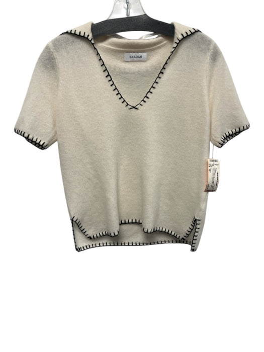 Naadam Size XS Cream White & Black Cashmere Short Sleeve Blanket Stitch Sweater Cream White & Black / XS