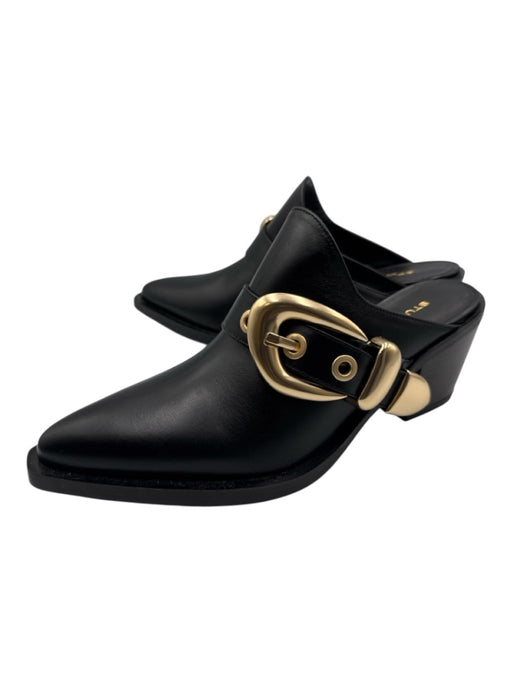 Stuart Weitzman Shoe Size 6.5 Black Leather Gold Buckle Pointed Almond Toe Mules Black / 6.5