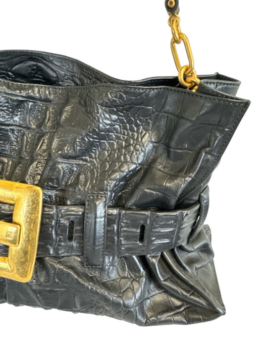 Balmain Black Croc Embossed Leather Gold hardware Magnetic Close Buckle Bag Black / M/L