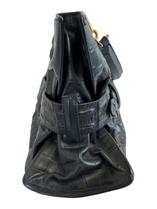 Balmain Black Croc Embossed Leather Gold hardware Magnetic Close Buckle Bag Black / M/L