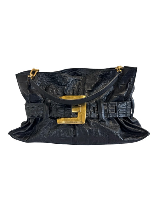 Balmain Black Croc Embossed Leather Gold hardware Magnetic Close Buckle Bag Black / M/L
