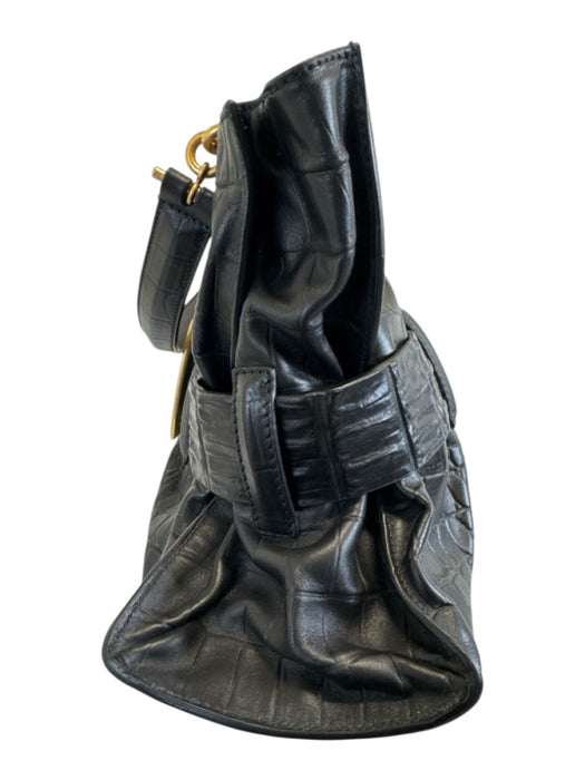 Balmain Black Croc Embossed Leather Gold hardware Magnetic Close Buckle Bag Black / M/L