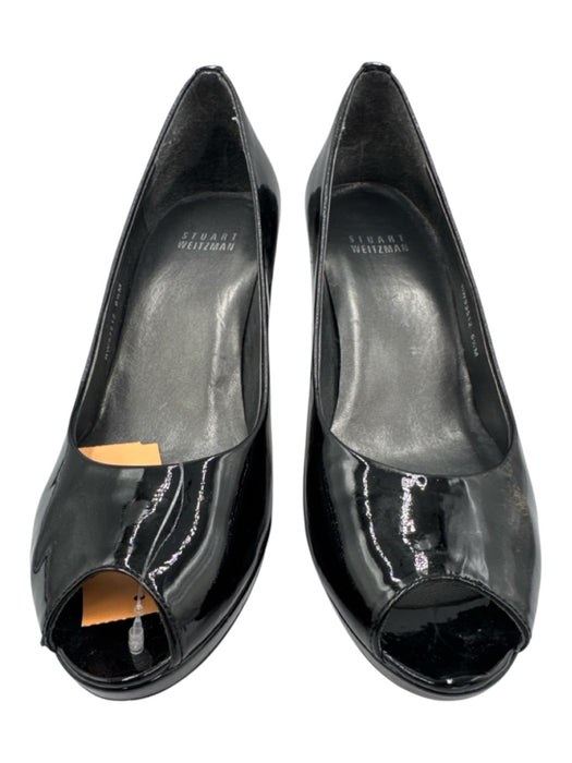 Stuart Weitzman Shoe Size 6.5 Black Leather Upper Patent Peep Toe Mid Heel Pumps Black / 6.5