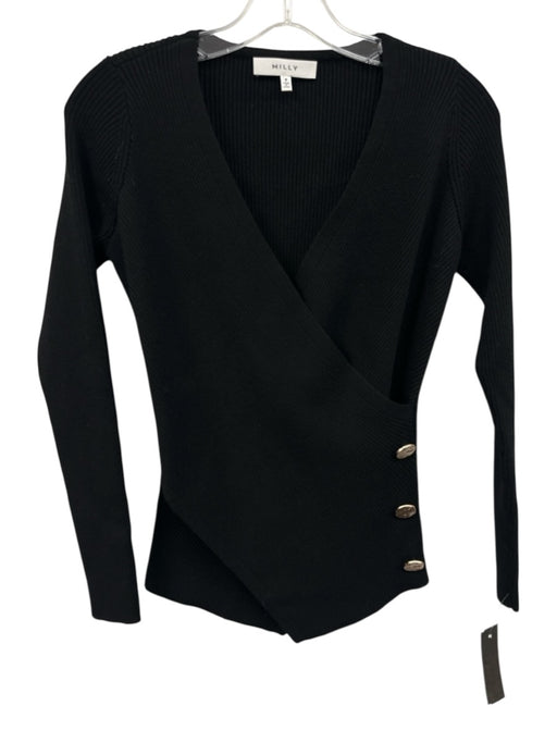 Milly Size P Black & Gold Viscose Blend Ribbed Knit Surplice Hammered Sweater Black & Gold / P
