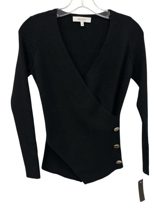 Milly Size P Black & Gold Viscose Blend Ribbed Knit Surplice Hammered Sweater Black & Gold / P