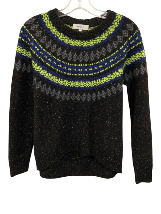 Milly Size P Black & Neon Wool Blend Speckled Knit Ribbed Hem Fair Isle Sweater Black & Neon / P