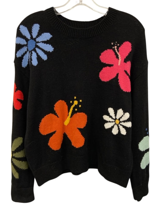 Rails Size XS Black & Multi Cotton Blend Floral Knit Ribbed Hem Pullover Sweater Black & Multi / XS