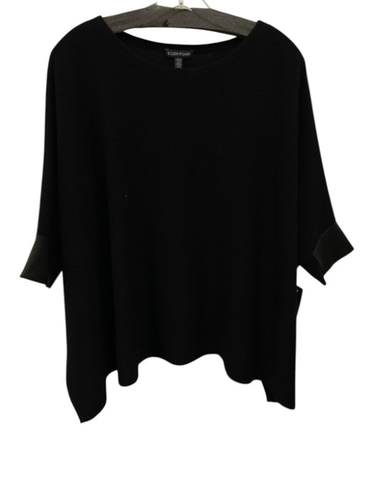 Eileen Fisher Size XXS Black Cashmere & Wool Knit Leather Detail Boxy Sweater Black / XXS