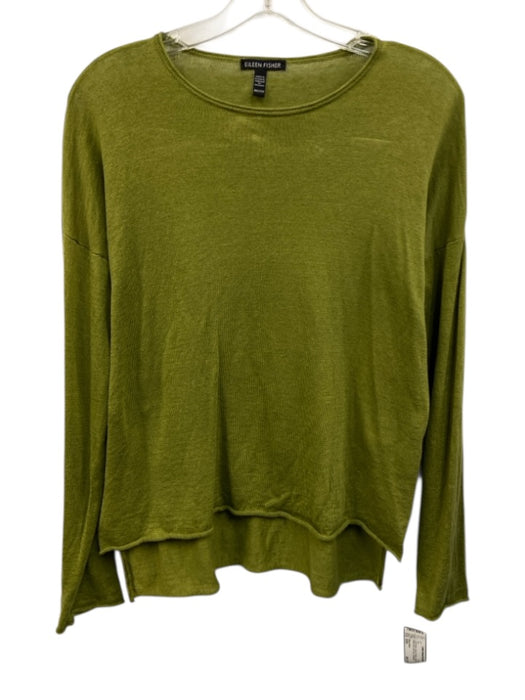 Eileen Fisher Size XXS Lime Green Linen & Cotton Long Sleeve Rolled Hem Knit Top Lime Green / XXS