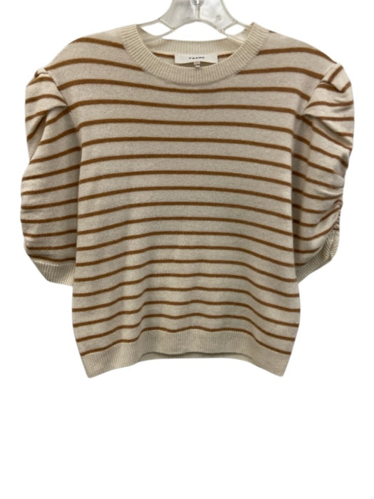 Frame Size S Cream White & Tan Brown Cashmere Knit 1/2 Ruched Sleeve Sweater Cream White & Tan Brown / S