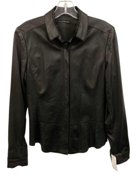 Elie Tahari Size XS Black Leather Snap Button Front Long Sleeve Collared Top Black / XS