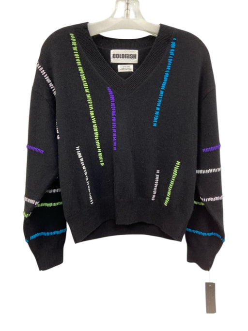 Colorush Size 0/XS Black, Blue, Multi Cashmere V Neck Stripe Detail Knit Sweater Black, Blue, Multi / 0/XS