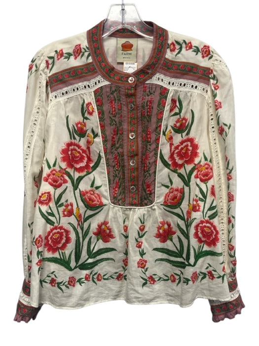 Farm Rio Size S Ivory & Multi Cotton Blend 1/2 Button Long Sleeve Floral Top Ivory & Multi / S