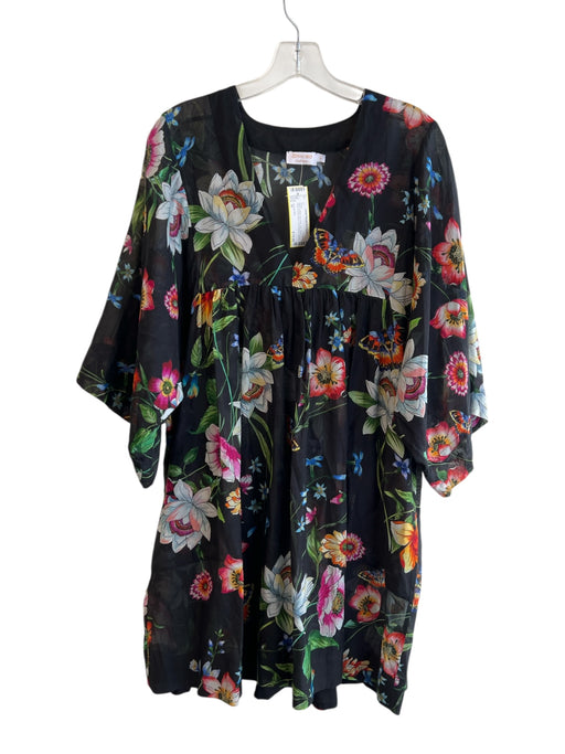 Johnny Was Size M Black & Multi No Fabric Tag Sheer V Neck Empire Waist Dress Black & Multi / M