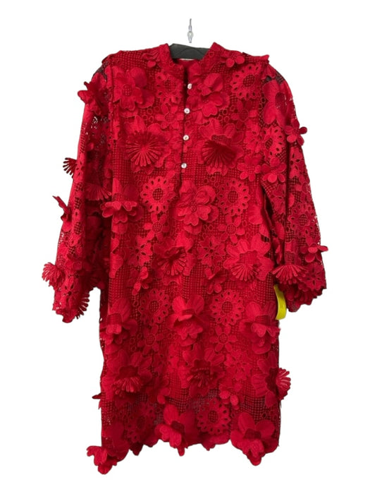 J. Marie Size S Red Polyester Floral Lace Overlay 1/4 Button Dress Red / S