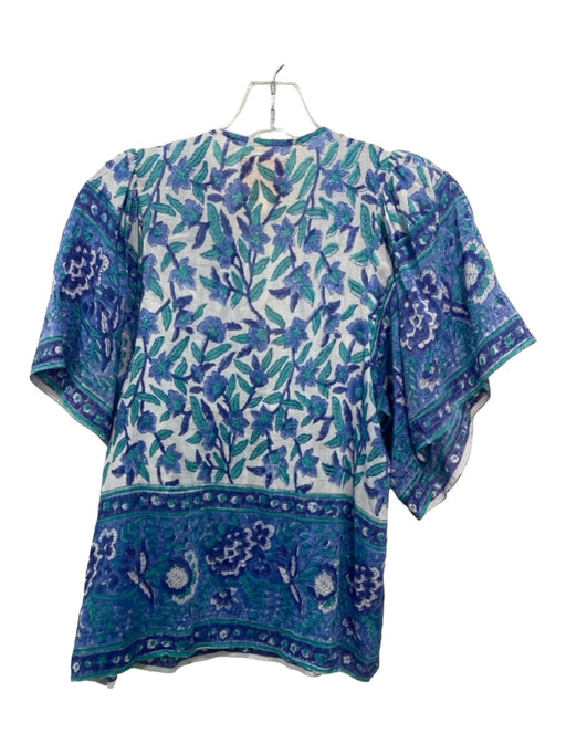 Bell by Alica Bell Size S Blue Green White Cotton & Silk Floral V Neck Top Blue Green White / S