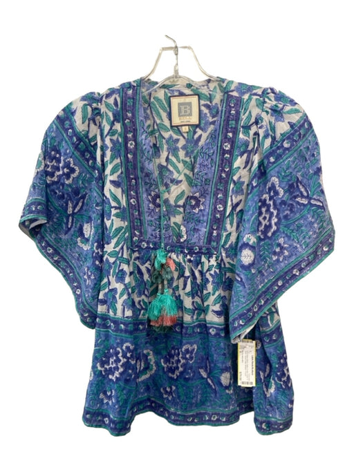 Bell by Alica Bell Size S Blue Green White Cotton & Silk Floral V Neck Top Blue Green White / S