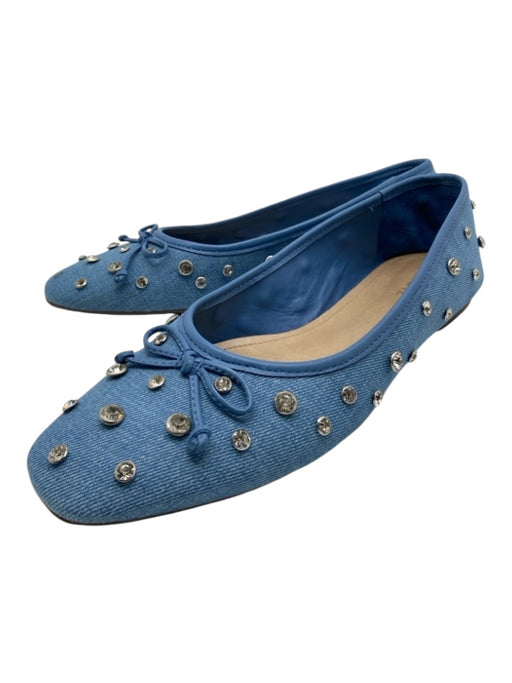 Schutz Shoe Size 8.5 Blue Cotton Denim Square Toe Rhinestone Bow Detail Flats Blue / 8.5