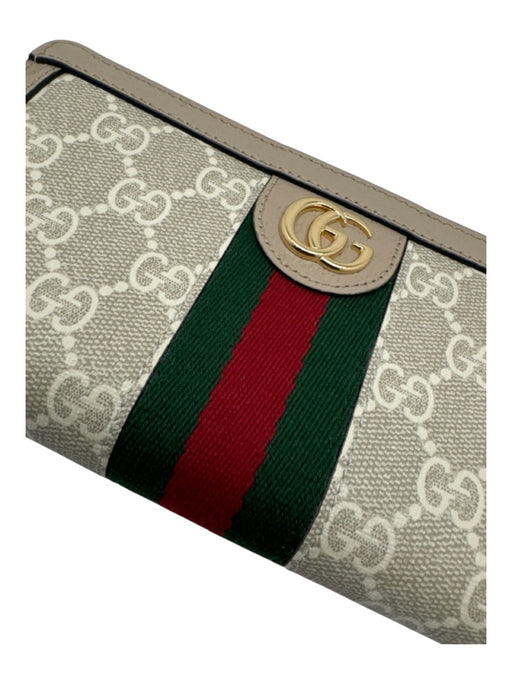 Gucci Beige Canvas Monogram Tri Fold Logo Gold Hardware Wallets Beige