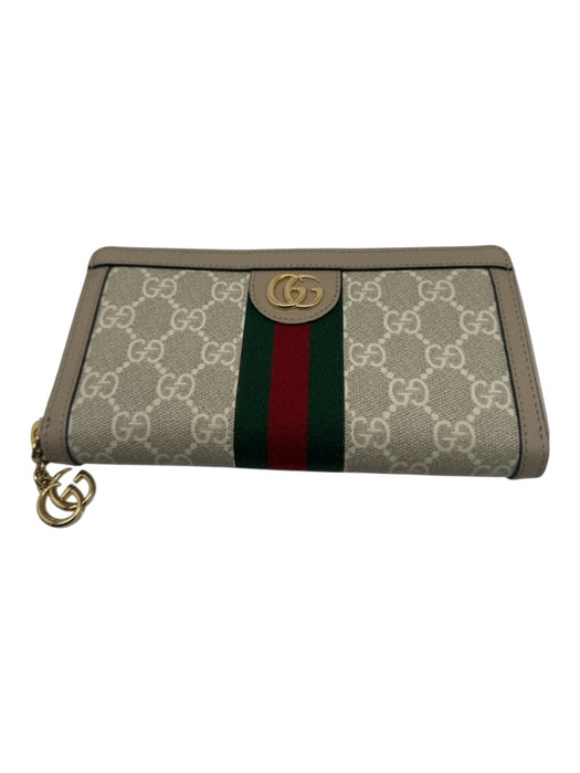 Gucci Beige Canvas Monogram Tri Fold Logo Gold Hardware Wallets Beige