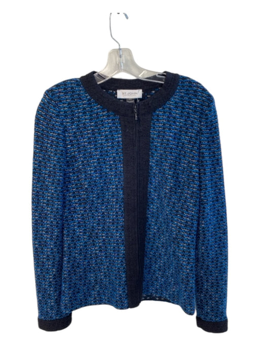 St John Size 2 Blue & Black Wool Blend Round Neck Full ZIp Long Sleeve Jacket Blue & Black / 2