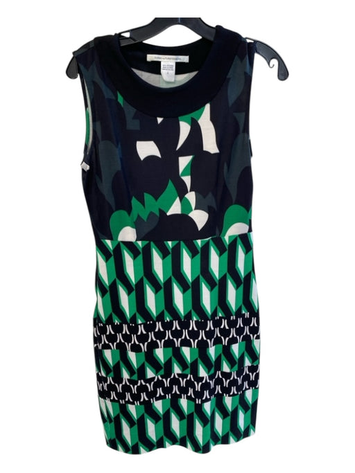 Diane Von Furstenberg Size 4 Green, Black & White Silk Round Neck Body Con Dress Green, Black & White / 4