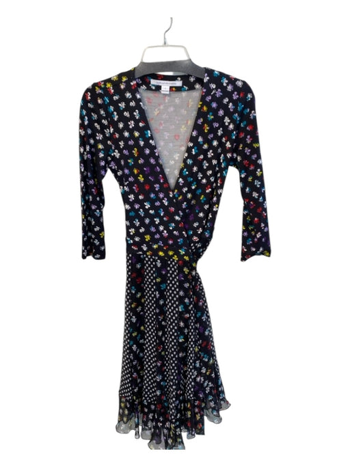 Diane Von Furstenberg Size 4 Black & Multi Silk V Neck Wrap Floral Dress Black & Multi / 4