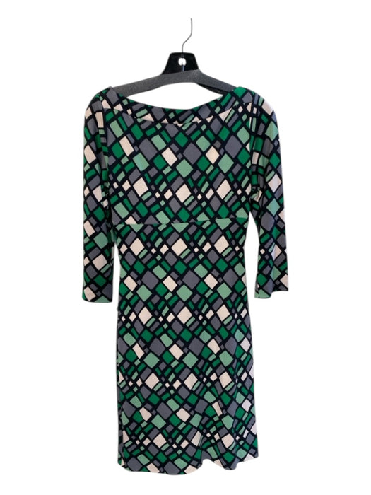 Diane Von Furstenberg Size 8 Green Black & White Silk Boat Neck Rouched Dress Green Black & White / 8