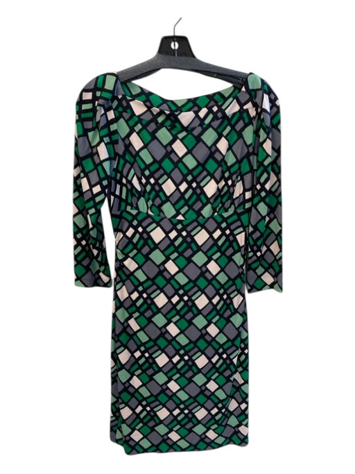 Diane Von Furstenberg Size 8 Green Black & White Silk Boat Neck Rouched Dress Green Black & White / 8