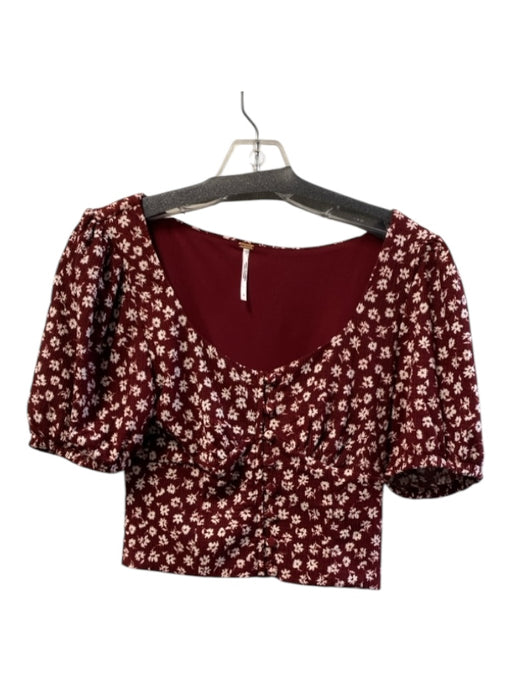 Free People Size S Rust Poly Scoop Neck Button Detail Floral Print Top Rust / S