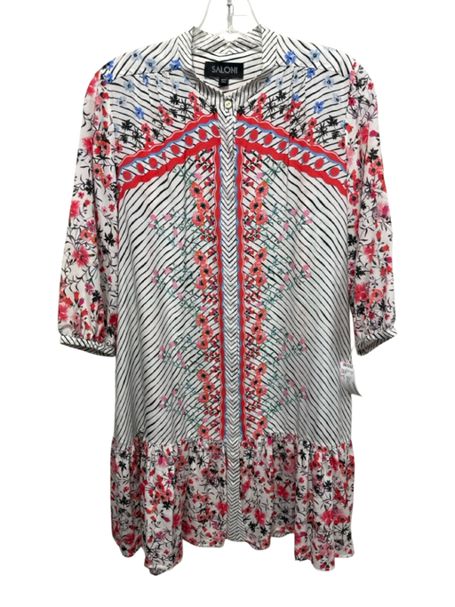 Saloni Size 6 White, Red, Multi Silk Button Up Floral Print Striped Dress White, Red, Multi / 6