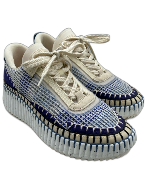 Chloe Shoe Size 37 Blue, Beige, Multi Synthetic Low Top Lace Up Sneakers Blue, Beige, Multi / 37