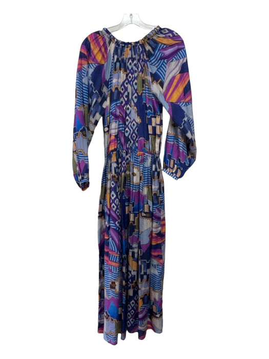 Chufy Size S Blue, Purple, Cream, Mustard Abstract Long Balloon Sleeve Dress Blue, Purple, Cream, Mustard / S