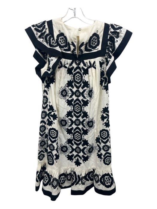 Sea New York Size S White & Black Cotton Ruffle Cap Sleeve Knee Length Dress White & Black / S