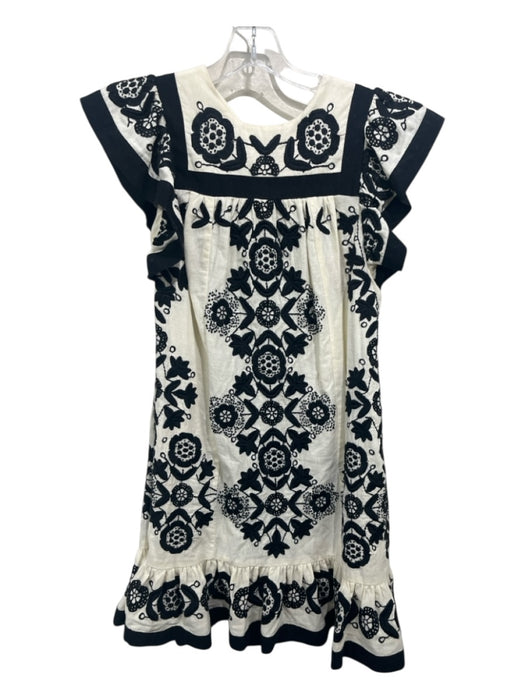 Sea New York Size S White & Black Cotton Ruffle Cap Sleeve Knee Length Dress White & Black / S