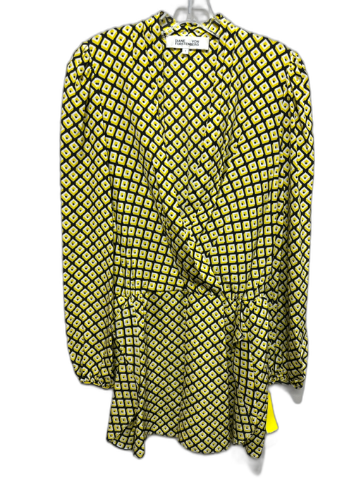 Diane Von Furstenberg Size S Black, White & Yellow Silk Geometric V Neck Romper Black, White & Yellow / S