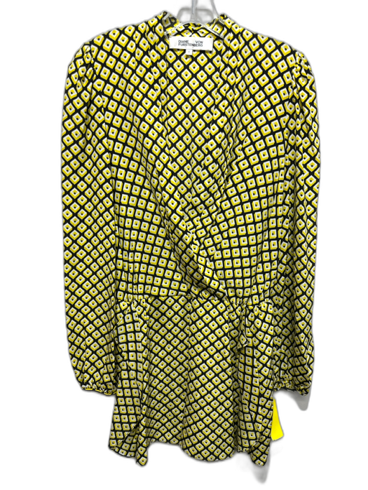 Diane Von Furstenberg Size S Black, White & Yellow Silk Geometric V Neck Romper Black, White & Yellow / S