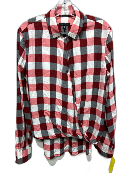 Rag & Bone Size M Red, White & Black Rayon Plaid Long Sleeve V Neck Collared Top Red, White & Black / M